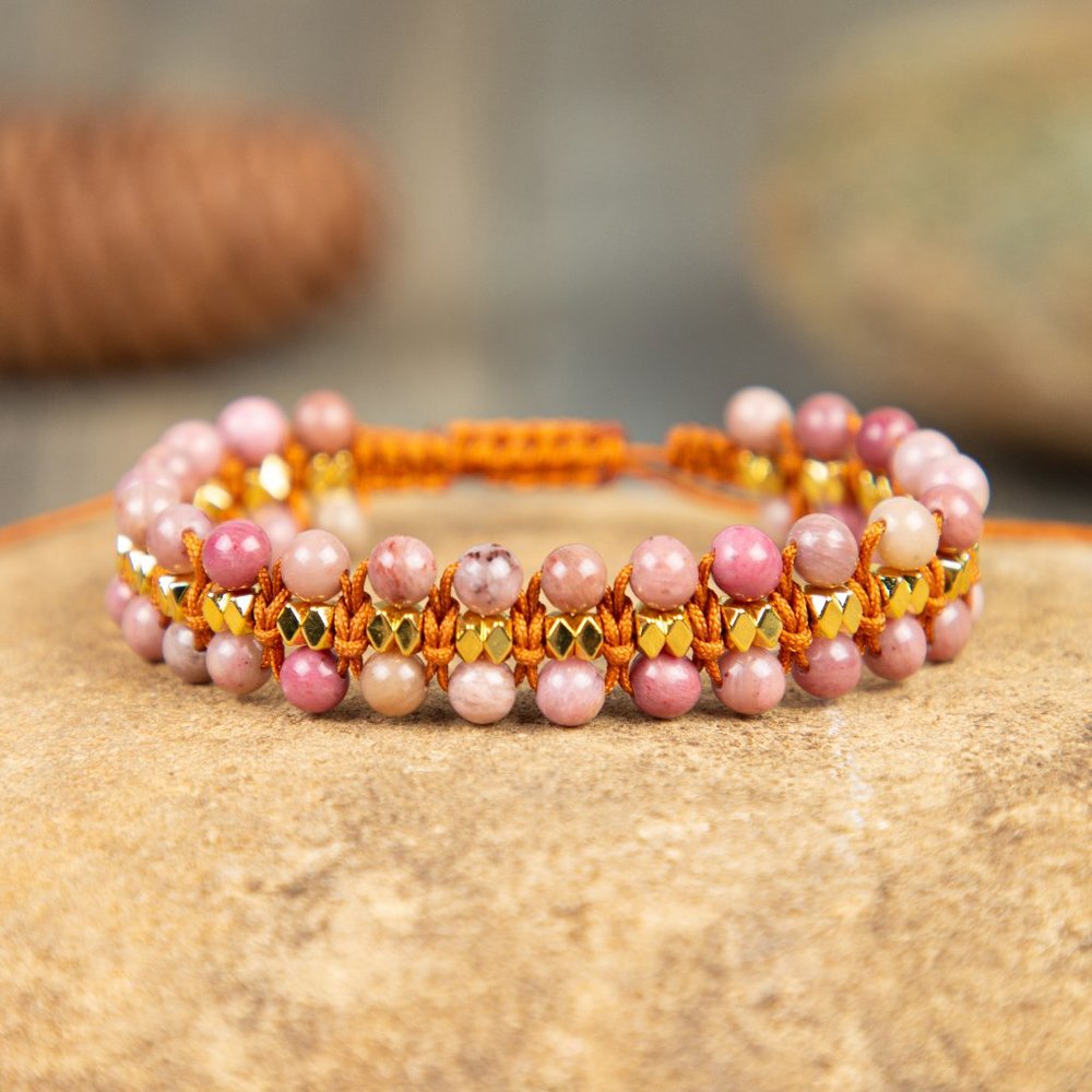 Rhodonite Beaded Handmade Braided Pink Healing Reiki Women Girls Bracelet Gifts
